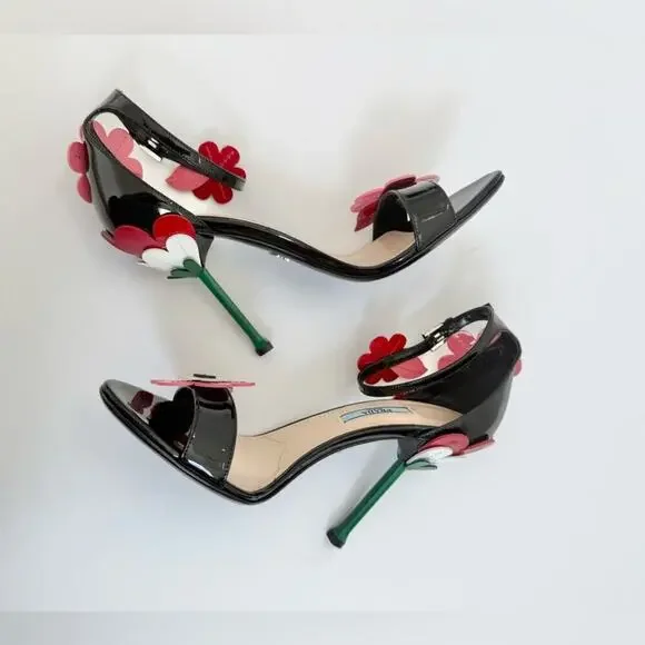 Prada Black red pink leather Runway Daisy floral high heel sandals EU 39 - Picture 11 of 11